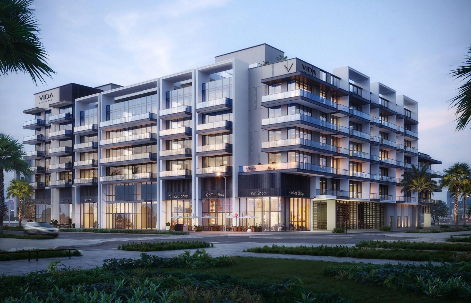 Eye-catching exterior of Vida Residences Saadiyat Island, highlighting its modern architecture and prime waterfront setting in Abu Dhabi’s cultural hub.